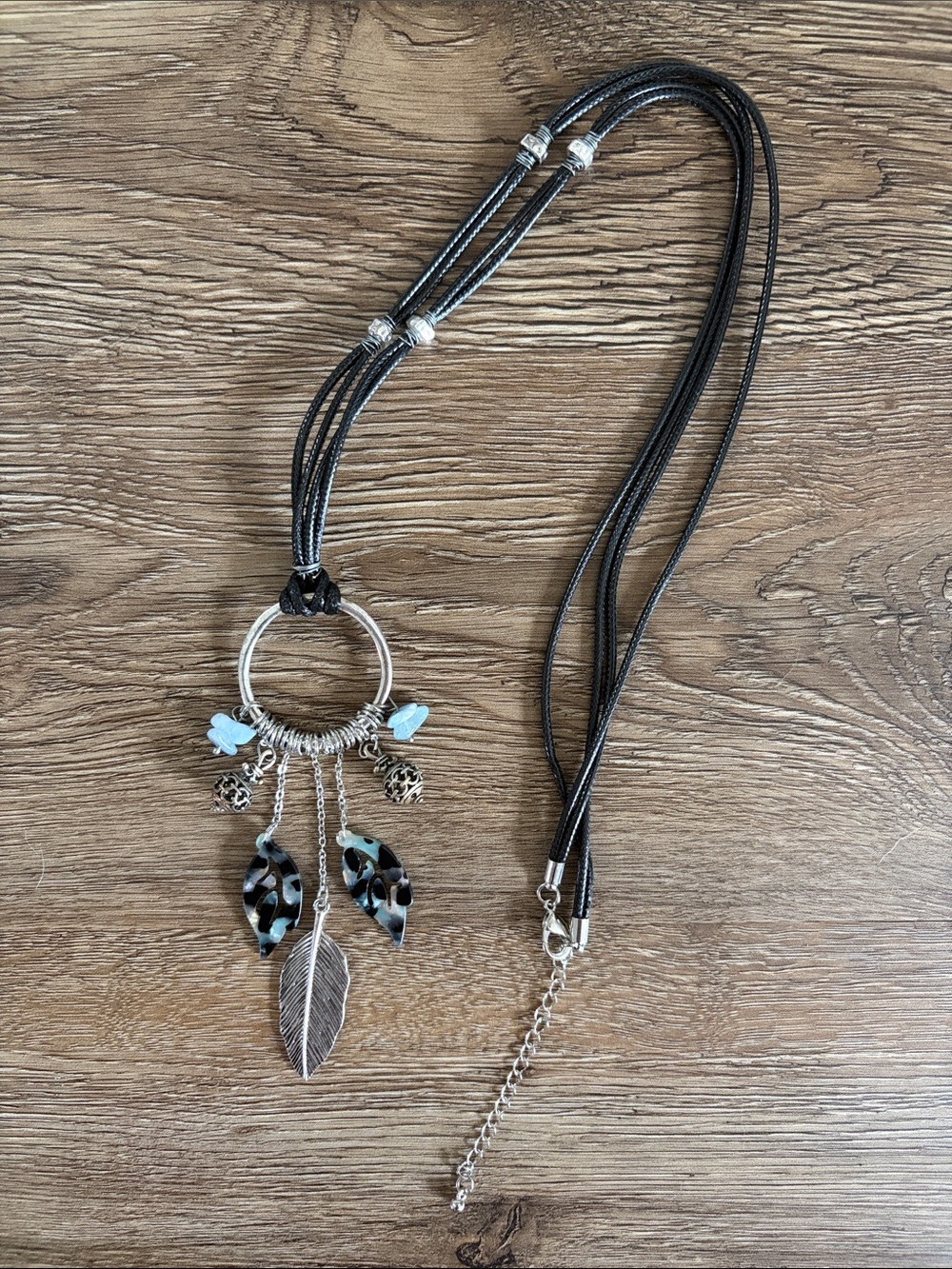 Boho Black Feather Pendant Necklace with Turquoise Accents